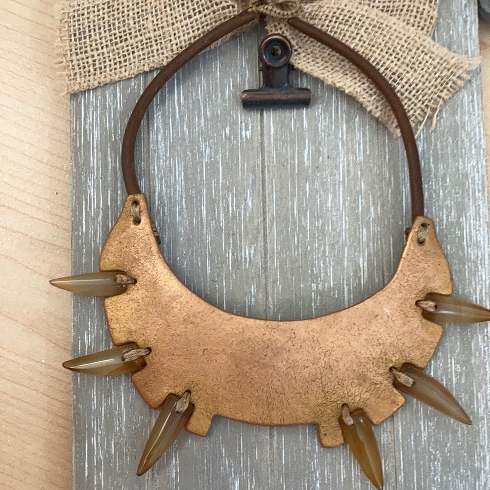 Vintage Leather Neck Collar, Polished Amber Gemstone Necklace